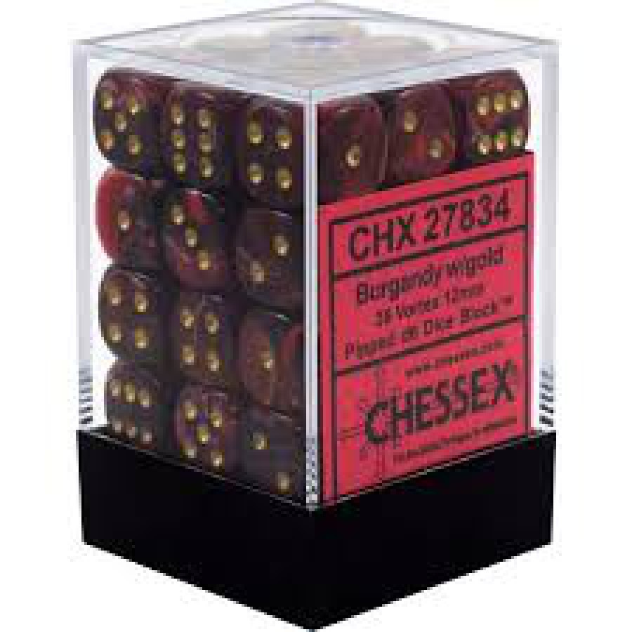 36 Burgundy / Gold Vortex Dice 12mm D6 Dice Block
