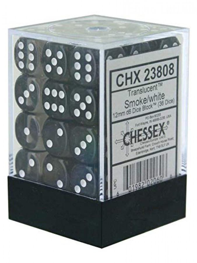 36 Smoke w/white Translucent 12mm D6 Dice Block