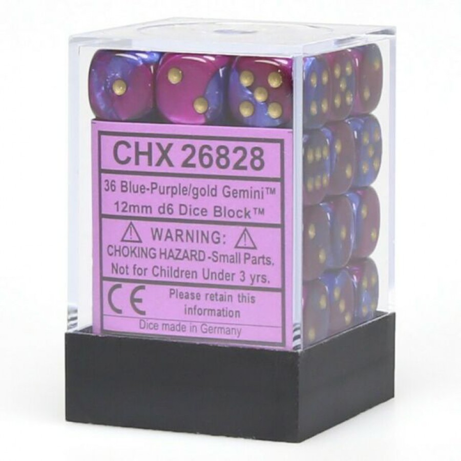 36 Blue-Purple w/gold Gemini 12mm D6 Dice Block