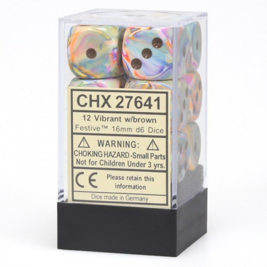 12 Vibrant w/ brown Festive 16mm D6 Dice Block