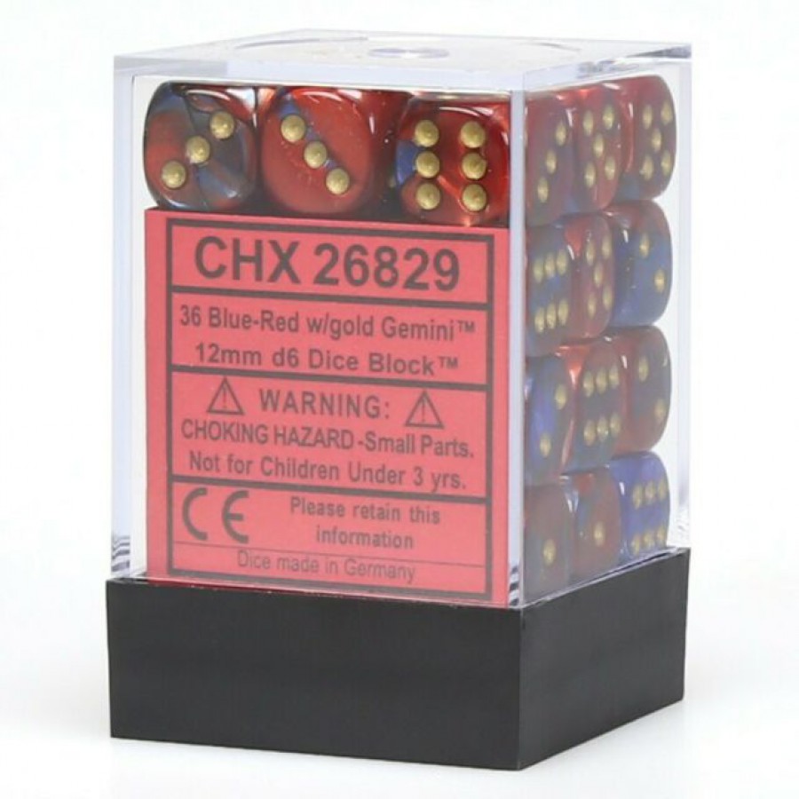 36 Blue-red w/gold Gemini 12mm D6 Dice Block