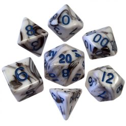 7 Count Dice Poly Set: 16mm Marble With Blue Numbers
