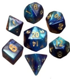 7 Count Mini Dice Poly Set: Dark Blue/Light Blue w/Gold