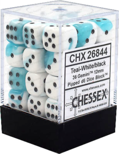 12mm D6 Dice Gemini Teal-White w/Black