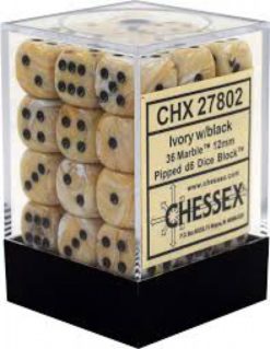 12mm D6 Dice Marble Ivory w/Black