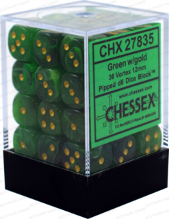 12mm D6 Dice Vortex Green w/Gold