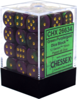 12mm D6 Dice Gemini Green-Purple w/Gold