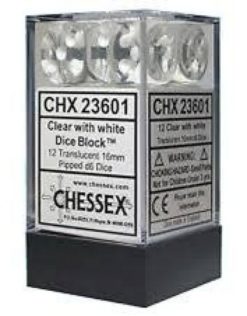 Translucent: 16mm D6 Clear with White Pips (12)
