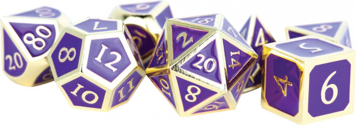 7 Count Dice Metal Set: Gold with Purple Enamel