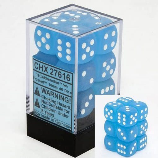 12mm D6 Dice Frosted Caribbean Blue w/White